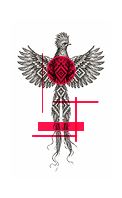 Illustration of a bird with outspread wings and a woven body