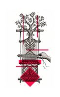 Illustration of a backstrap loom with a tree growing from its weave