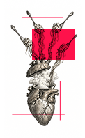 Engraving of an anatomical heart with forks lifting pasta from it