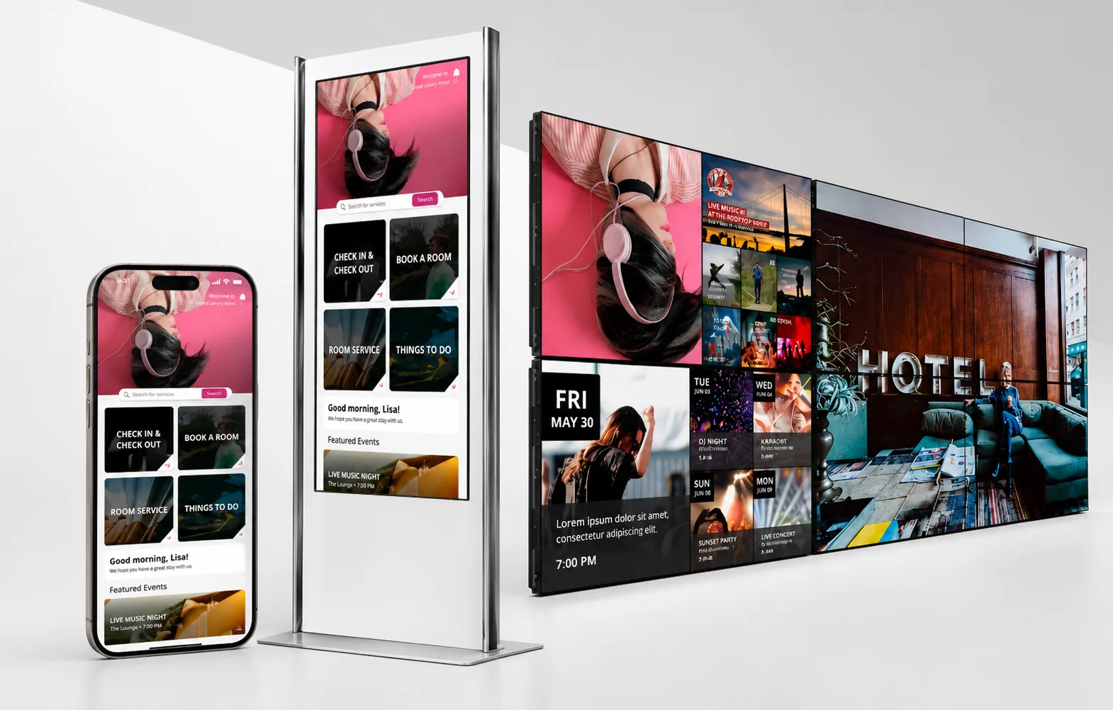 App, kiosk, and video wall operating off one shared CMS